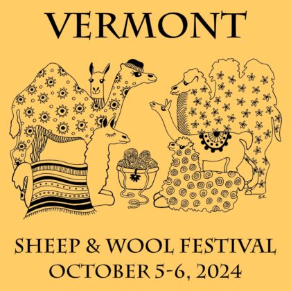 Vermont sheep and Wool Festival poster of camels, alpacas & sheep drawing. October 5-6, 2024